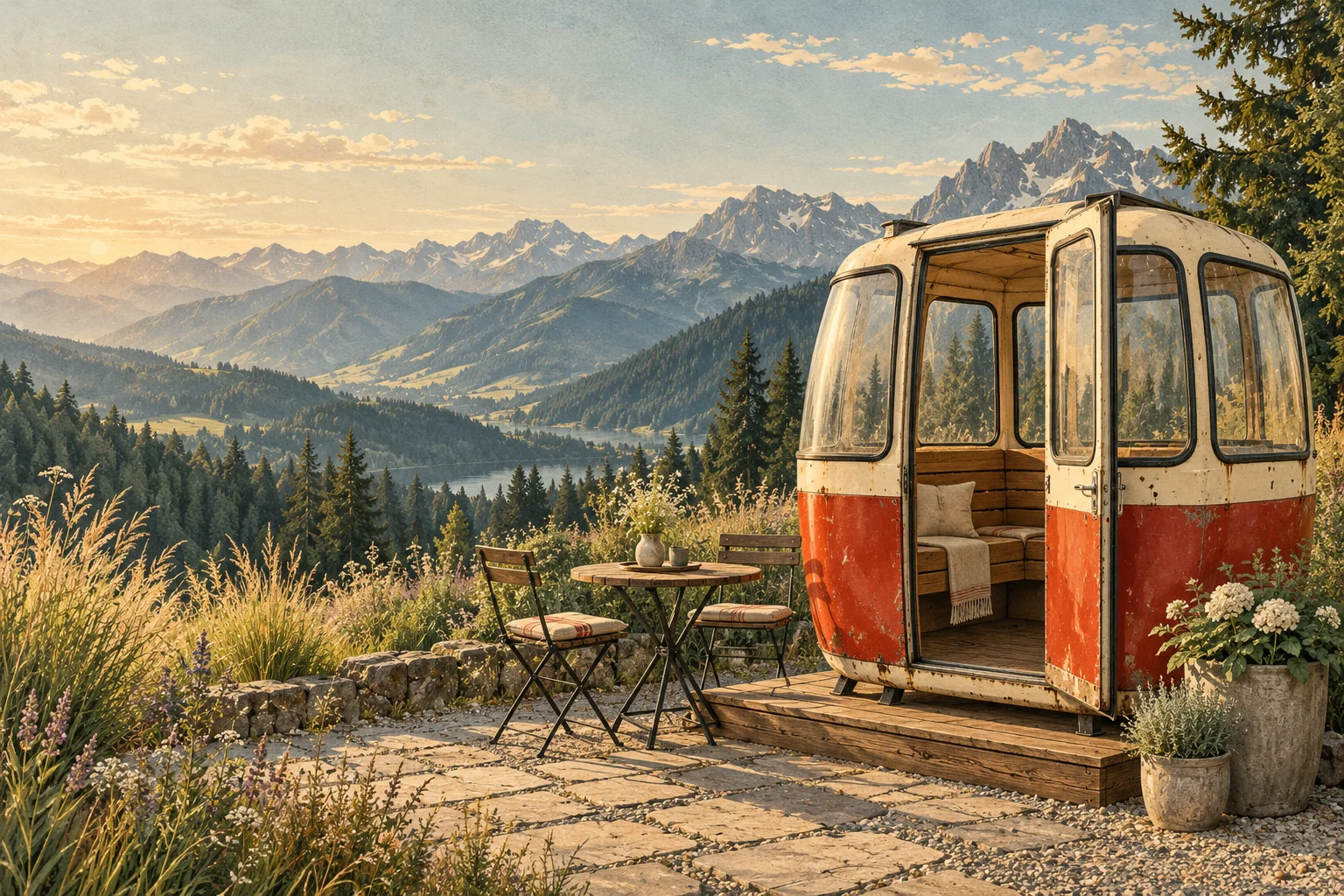 Illustrative Nutzungsidee: eine nostalgische Gondel auf einer Gartenterrasse vor einem Alpenpanorama